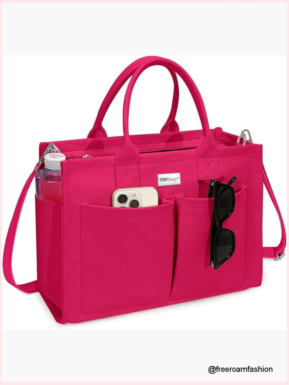 Heavyweight Canvas Tote Bag with 9 Pockets, Adjustable Crossbody Strap